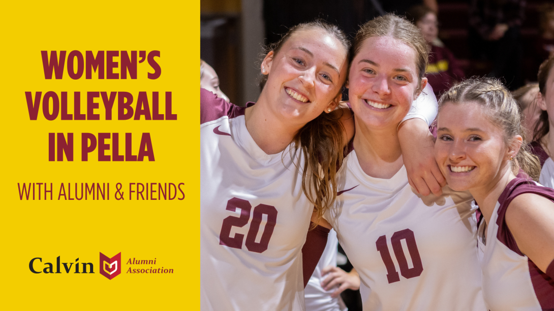 Calvin volleyball team members smiling in uniform