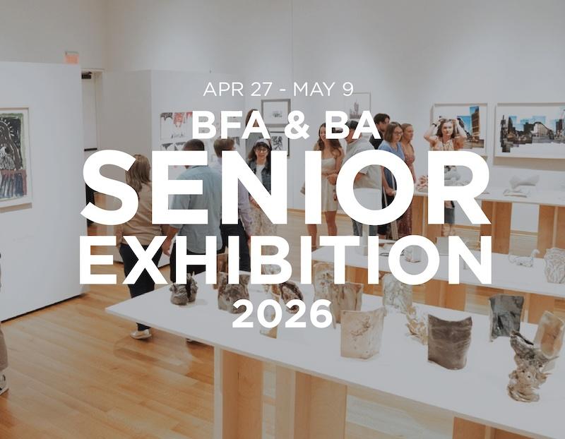 A brightly lit art gallery with sculptures and pottery on a table, and paintings and photography on the wall.