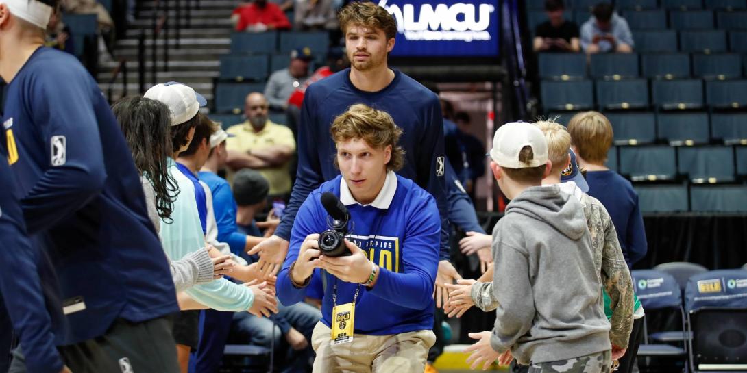 Josh Moyer '25 running a camera during internship at Grand Rapids Gold.