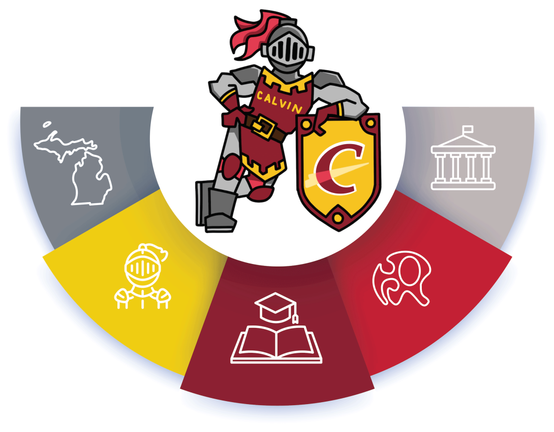 The Knight mascot leans on its shield, surrounded by icons.