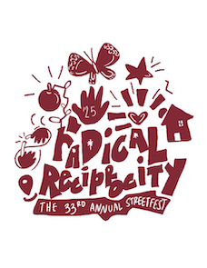 The words radical reciprocity in red surrounded by a picture of a house, butterflies, helping hands, and stars