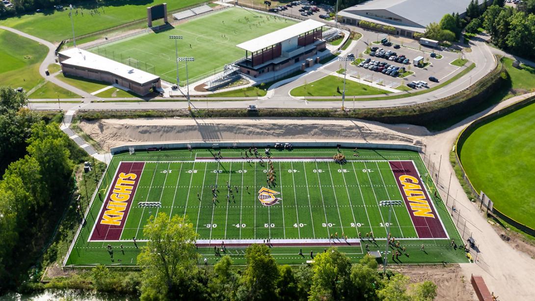 Calvin football field and future stadium location as seen from a drone as of August 2025