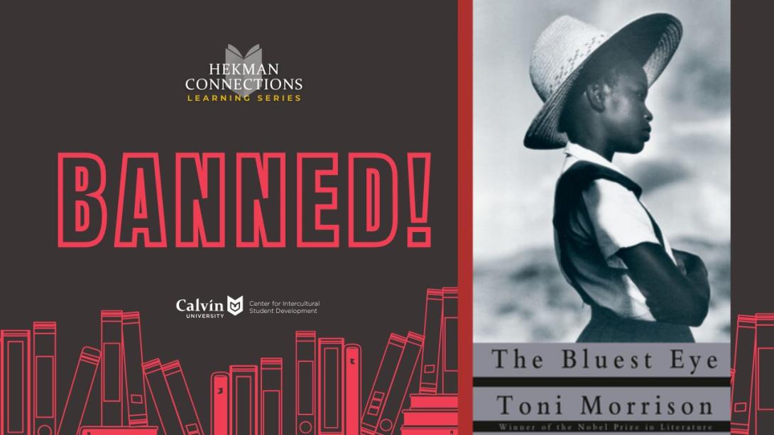 Book cover of The Bluest Eye featured on a black banner titled "Banned!"