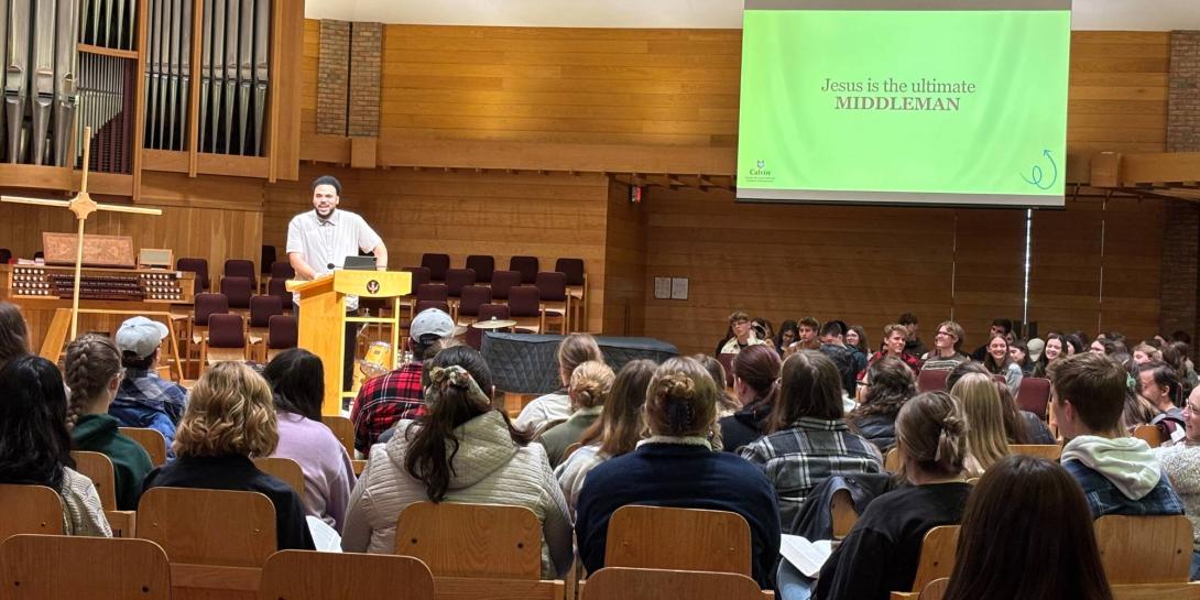 Josh Samarco speaking in Chapel.