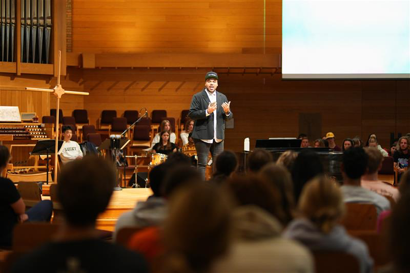 An image of Josh Samarco addressing students