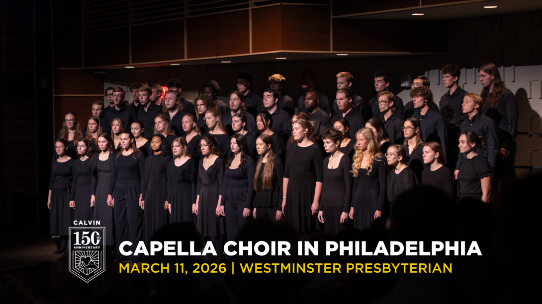 Capella choir from Calvin University in concert black singing on risers