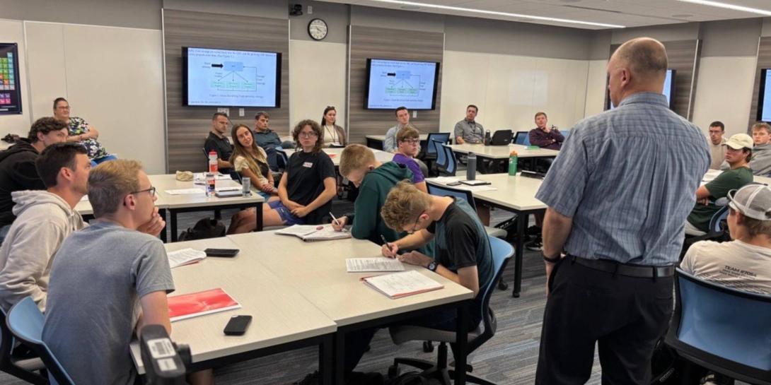 Matt Heun, professor of engineering at Calvin University, poses a big question to his class.