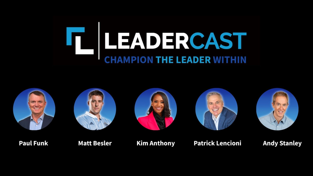 Black background with five images and Leadercast: Champion the Leader Within logo