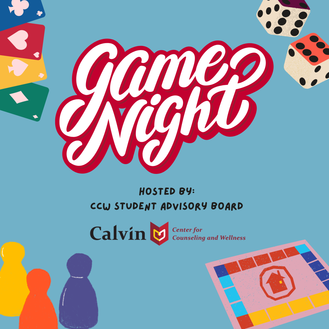 Poster with blue background displaying various game pieces to highlight event hosted by CCW Student Advisory Board