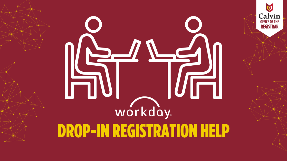 Graphic of two people sitting at a table with laptops, with text that reads "Workday drop-in registration help"