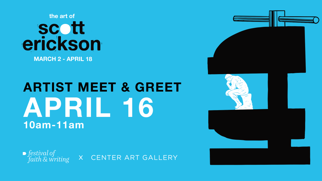"The Thinker" Statue next to advertisement for Scott Erickson's Artist Meet and Greet at the Center Art Gallery