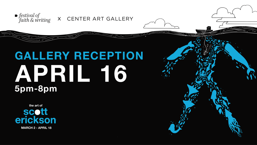 A black fishing boat floats amidst sea creatures, next to the advertisement for Scott Erickson's Gallery Reception