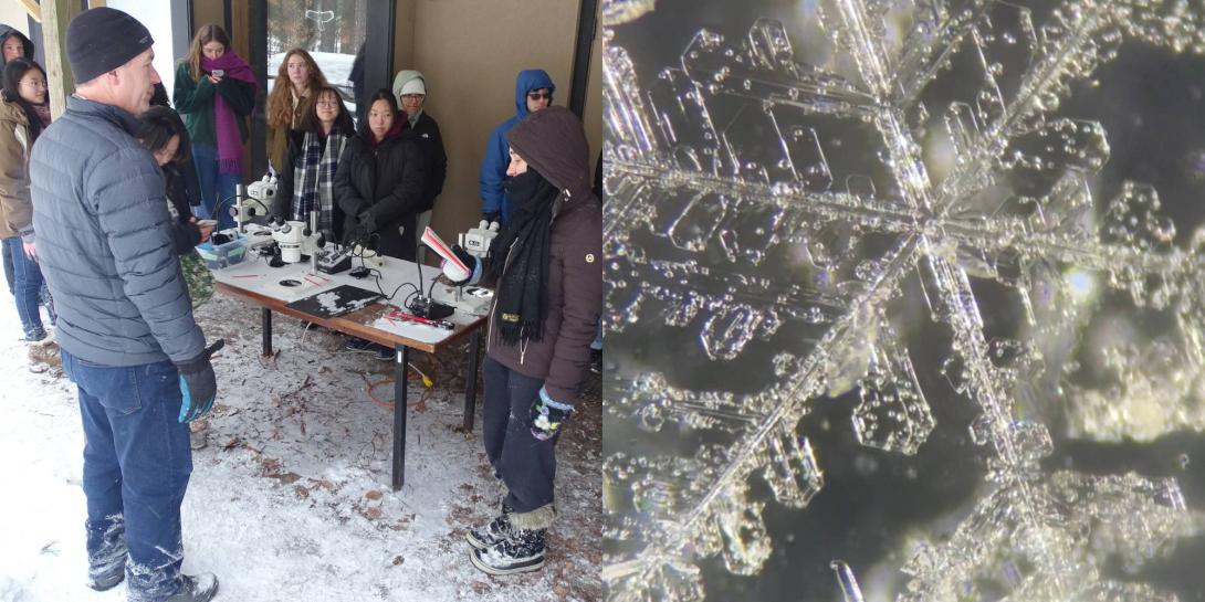 Professor Randy DeJong (left) talking to students, microscopic view of snowflake (right)