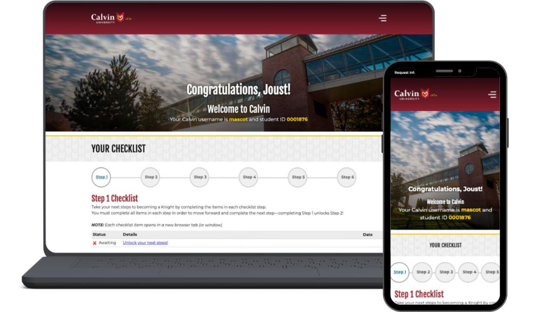 A laptop and a mobile device showing the new student portal, with a congratulations message at the top, and a checklist mapped out as a timeline below.