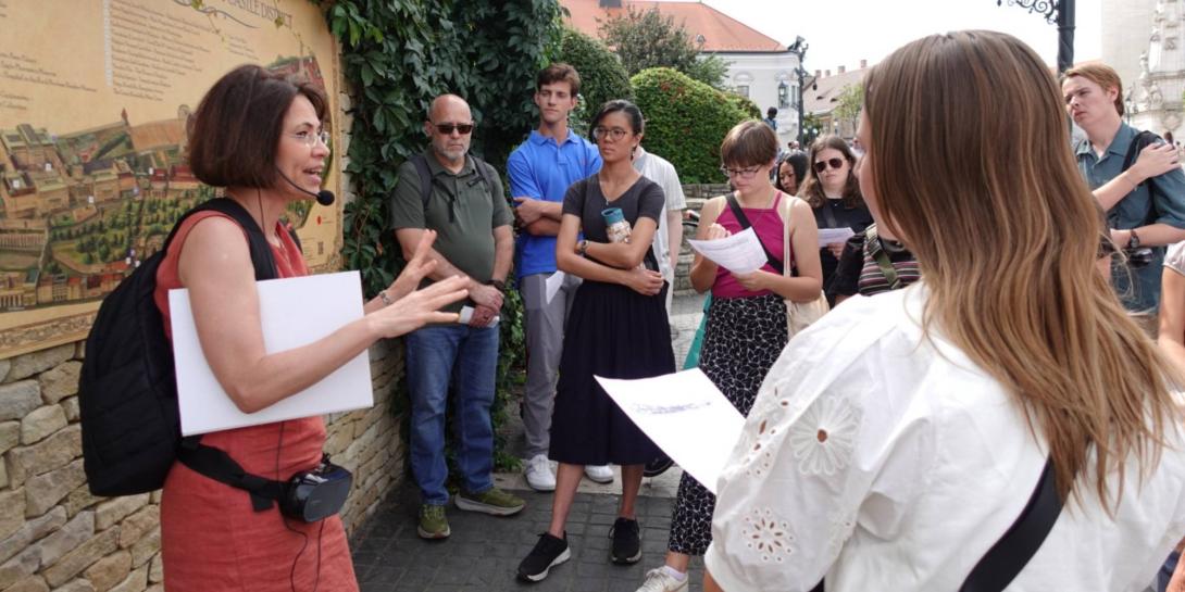 Dora Sallay explaining art in Budapest, Hungary