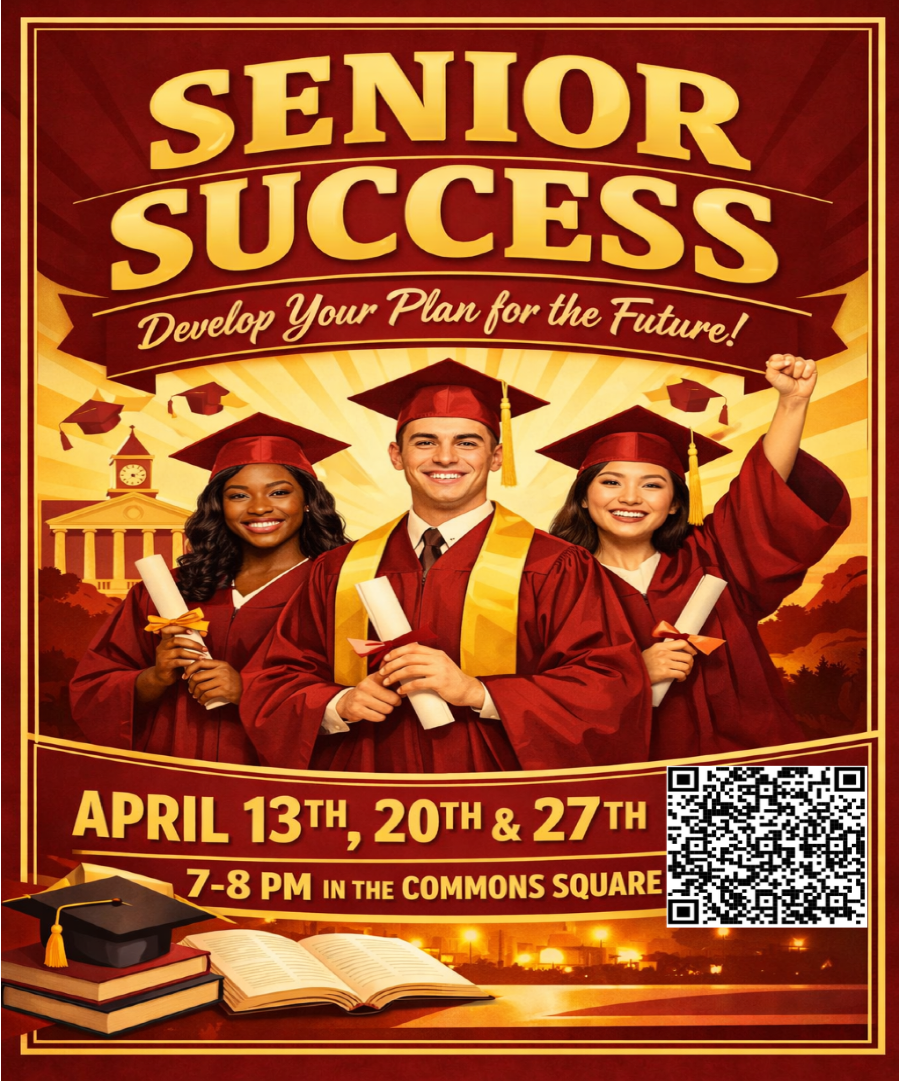 A maroon and gold poster showing three graduates in their caps and gowns ready for what's next in their lives.