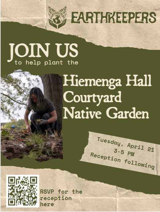 Poster for the Hiemenga Garden Planting party. A young woman is planting some native plants in the soil.