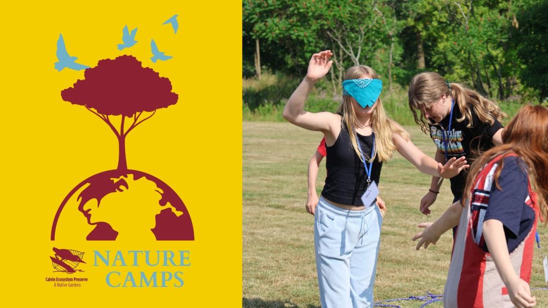 summer camp logo header with middle schooler playing game w person blindfolded