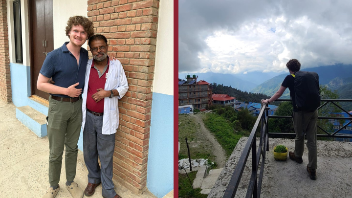 A collage showing Luke Harlow with a physician in Nepal, and overlooking the mountains of Nepal under a cloudy sky.