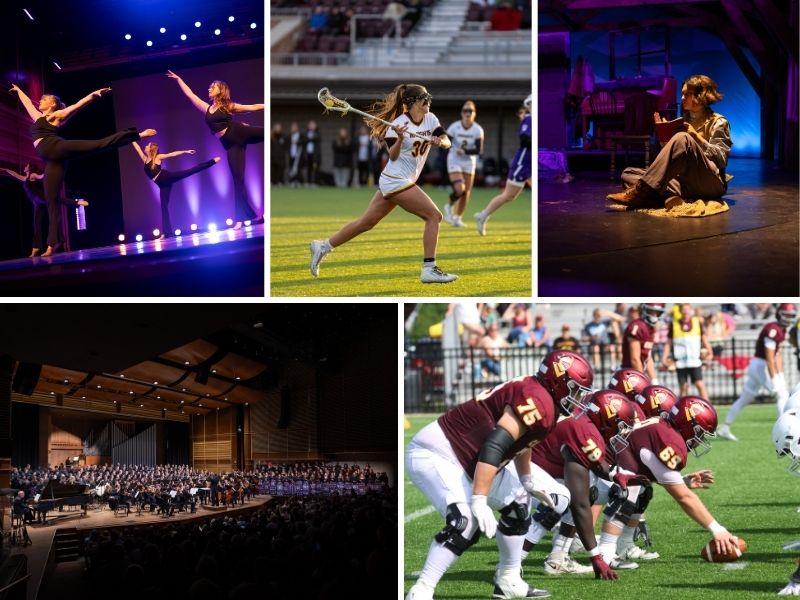 Collage image of dance, women's lacrosse, theatre, music, and football.