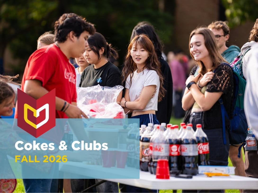 Atop a picture of students enjoying refreshments in the lawn, text that reads "Cokes & Clubs Fall 2026"