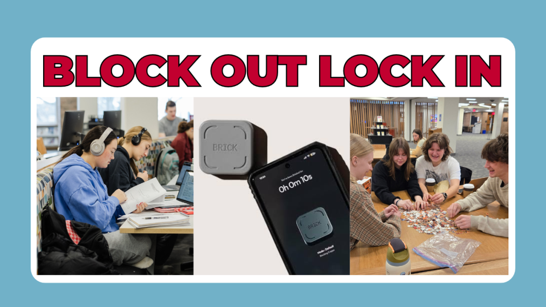 photo collage of students studying, doing puzzles, and close-up of mobile phone and Brick device