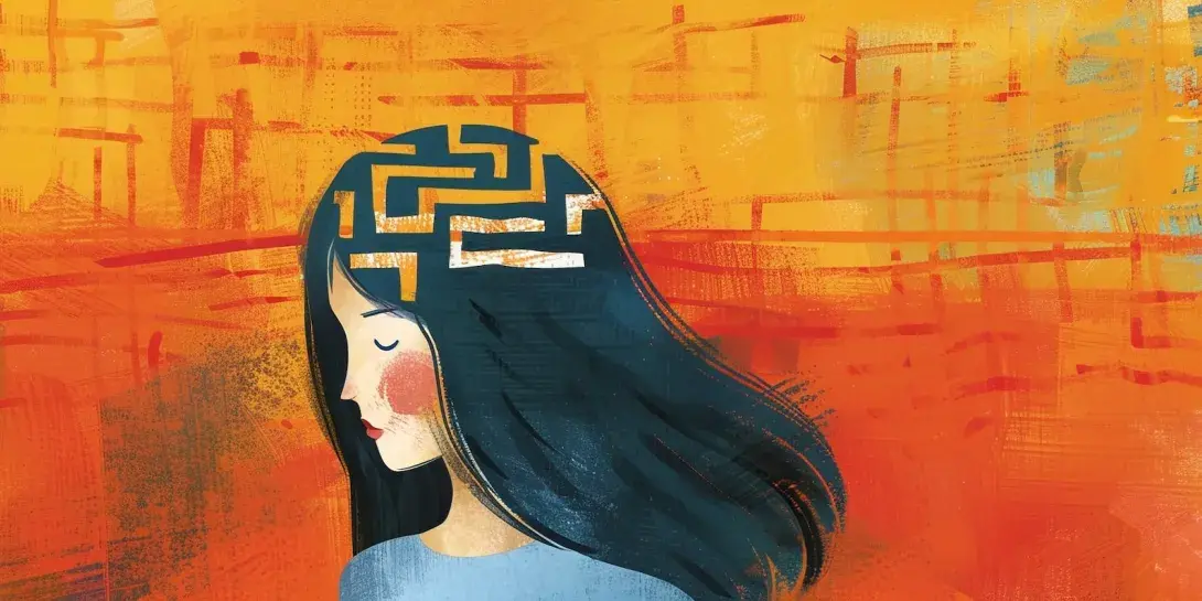 Woman deep in thought, black hair on an orange-yellow background