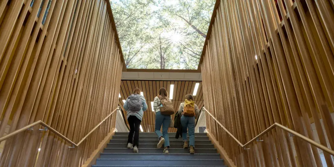 Students walking up a staircase at Calvin University.