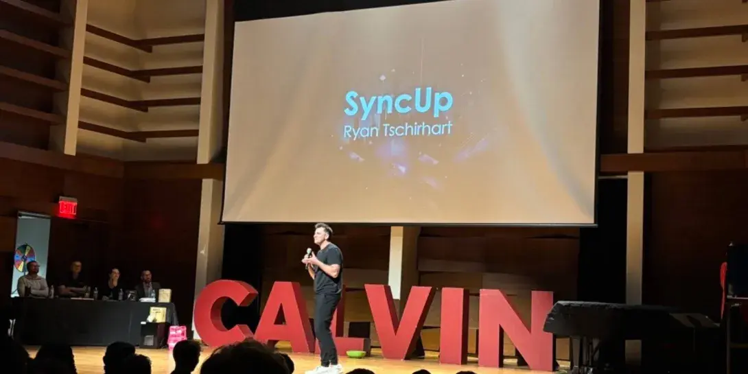 Ryan Tschirhart pitching his idea at Startup Garage's Pitch Up competition on Calvin University's campus.