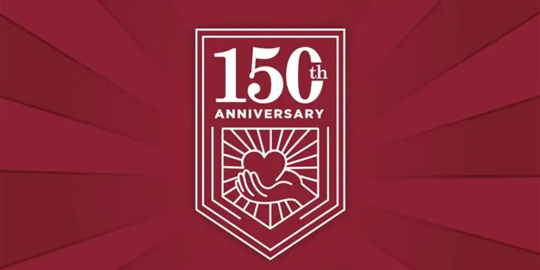 The Calvin 150th anniversary badge on a maroon sunburst background.