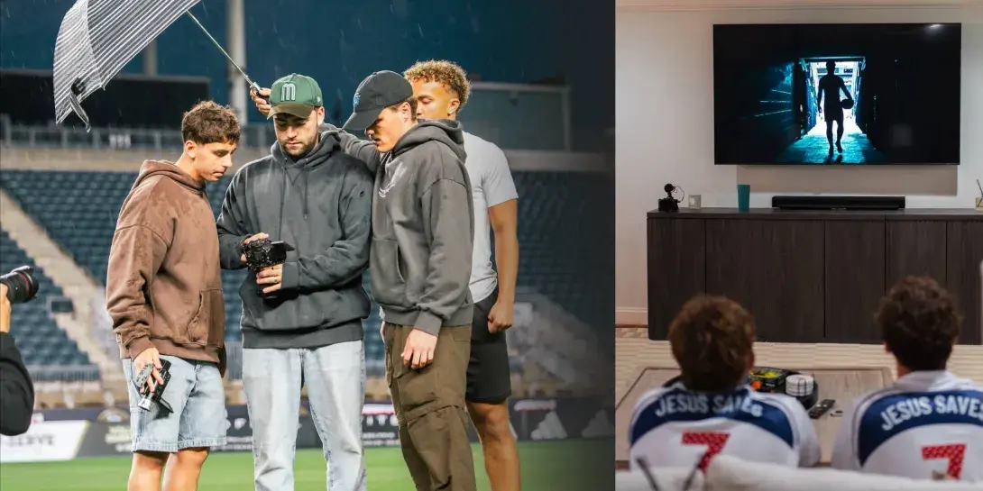 Matthew Torrell working with production team in Philly (left), two guys with Jesus Saves on their backs watching a commercial on TV (right)