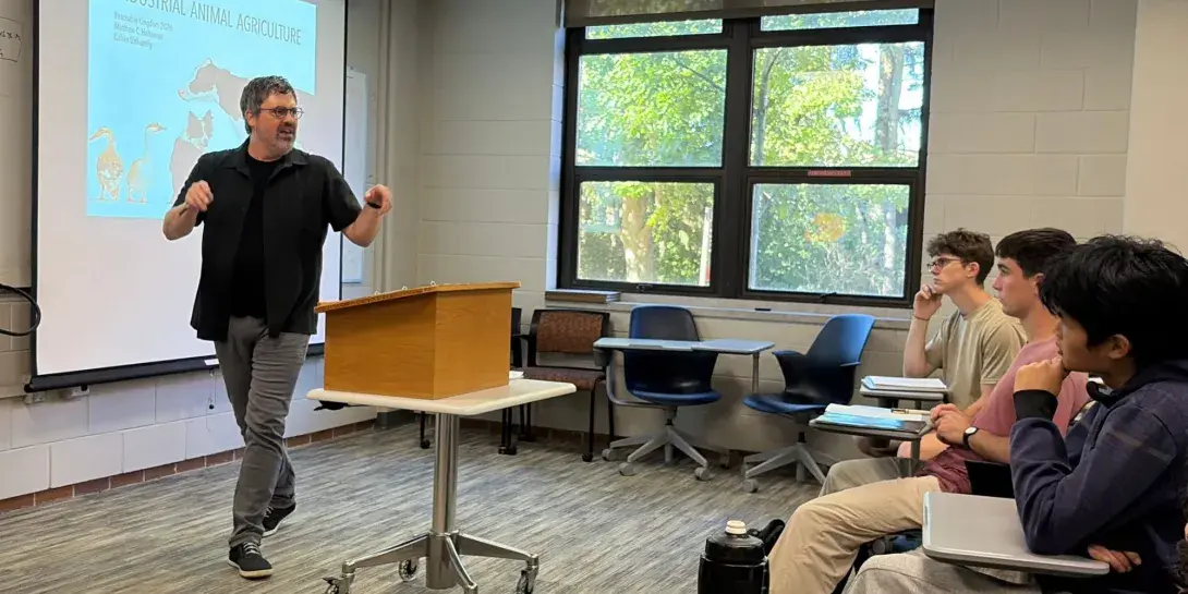 Matt Halteman, professor of philosophy, teaching in a Calvin classroom.