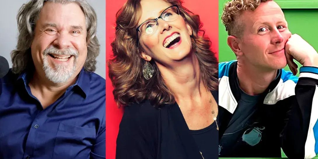 Three comedian headshots against colorful backgrounds.