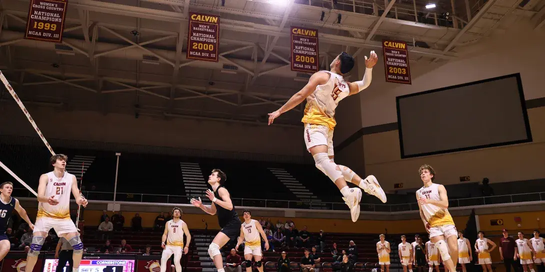 A men's volleyball player leaps in the air for a kill while the teams look on in ready position.