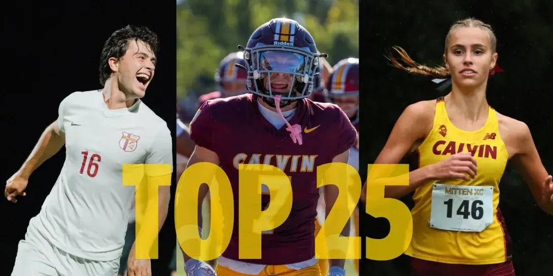 Three Calvin student-athletes with a TOP 25 over the top of the image