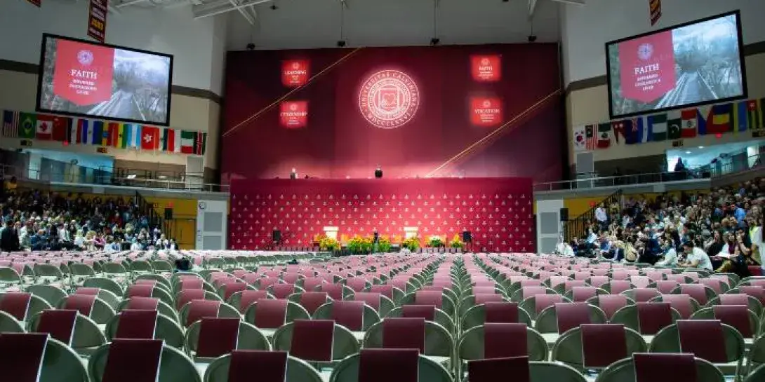 Van Noord Arena setup for Calvin University's Commencement ceremony