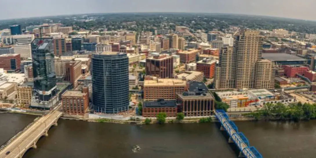 A drone view of the city of Grand Rapids.