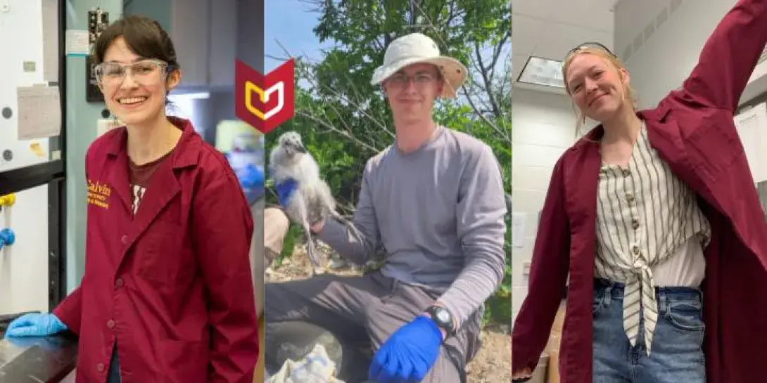 Calvin University juniors Sophie Hruska, Braden DeWeerd, and Madison Hoogstra, have been named 2024 Goldwater Scholars. Three students from Calvin University in a research setting.