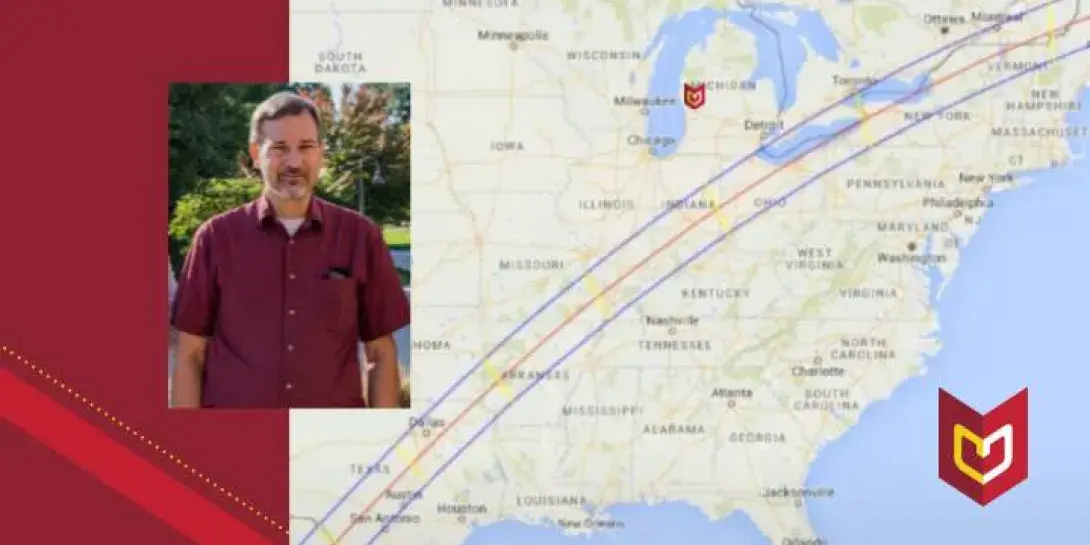 Image of Professor Larry Molnar over a map of the U.S. with lines for Path of Totality.