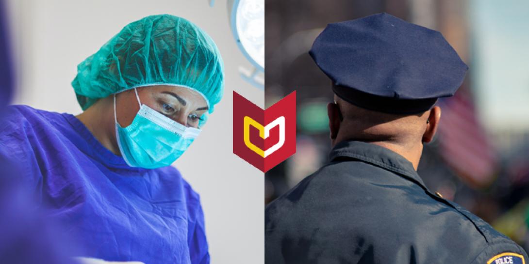 A medical doctor on the left, a police officer on the right, with Calvin University's logo overlayed