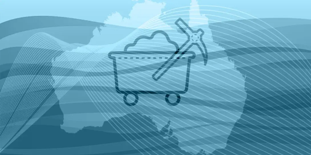 Graphic of mining cart and pickax overlaying map of Australia and blue wave background.